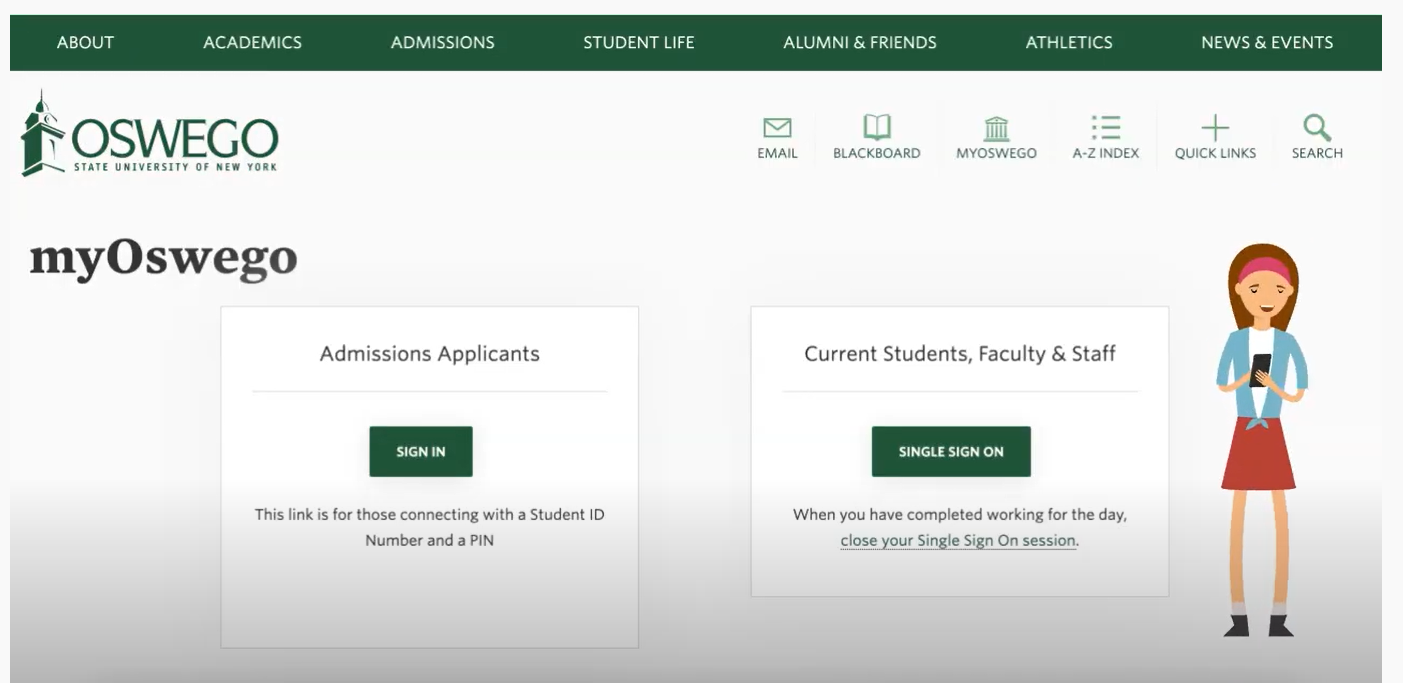 The myOswego login screen with a cartoon student
