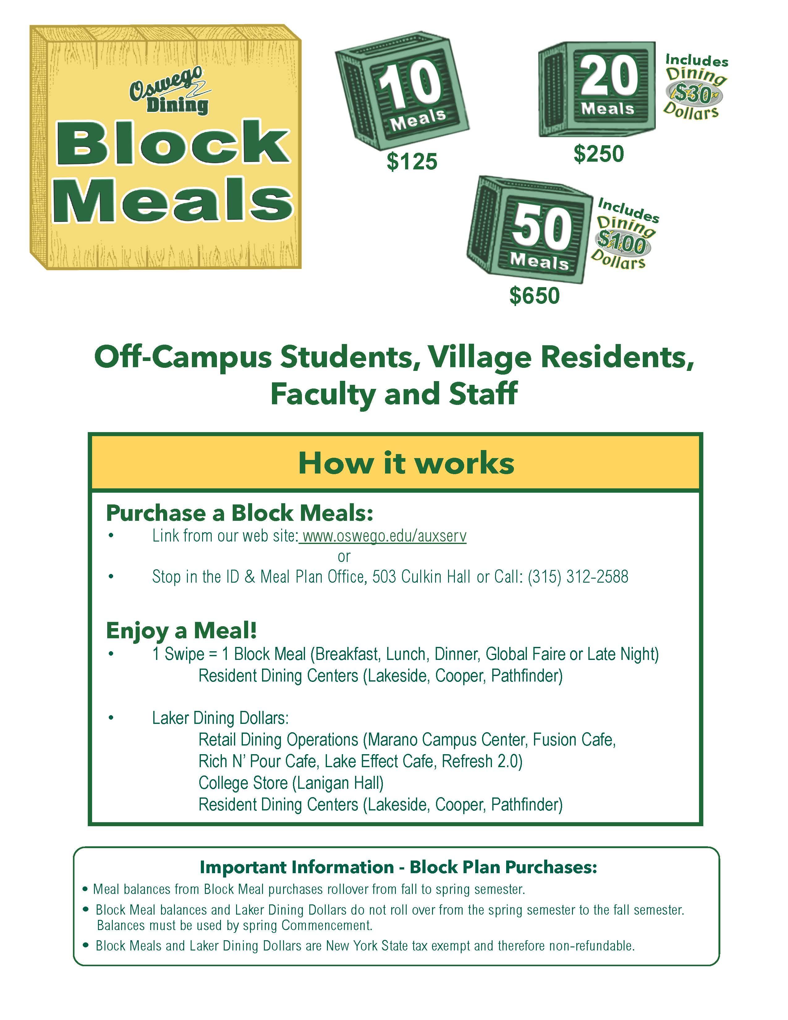 Block Meal Information for Fall 2024 and Spring 2025
