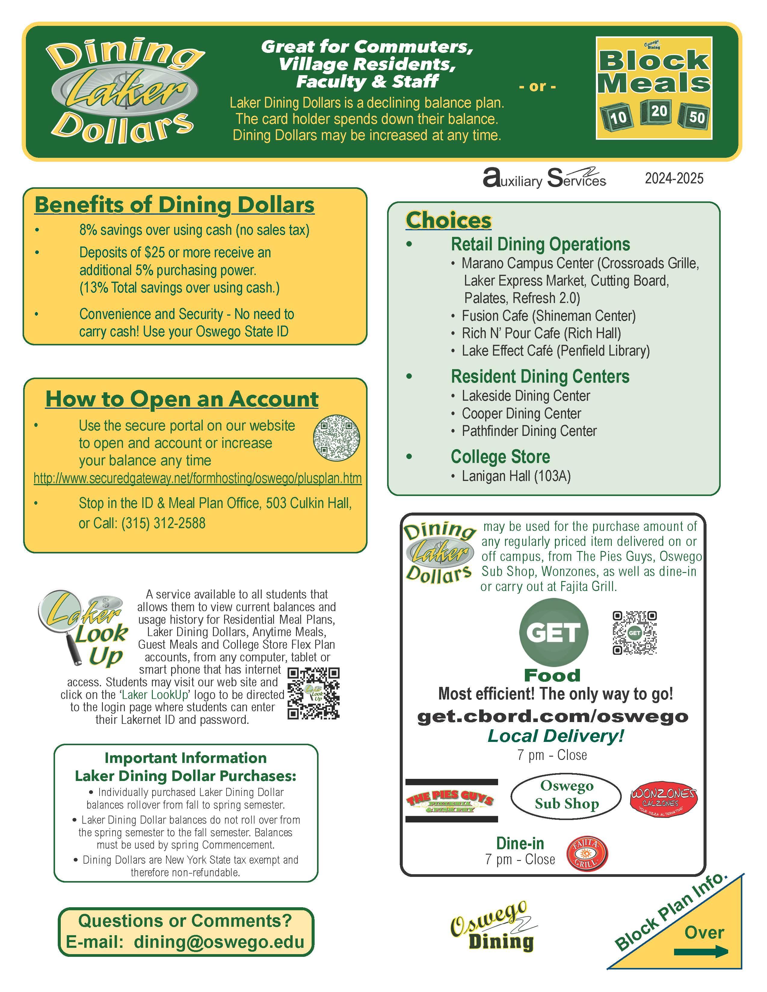 Laker Dining Dollar Information for Fall 2024 and Spring 2025