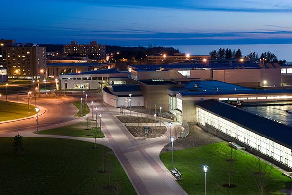 Marano Campus Center aerial at night