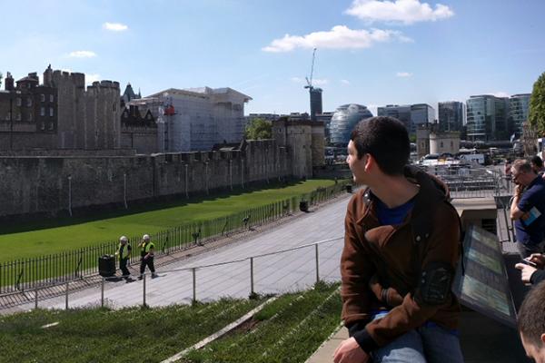 Student looking at historic building