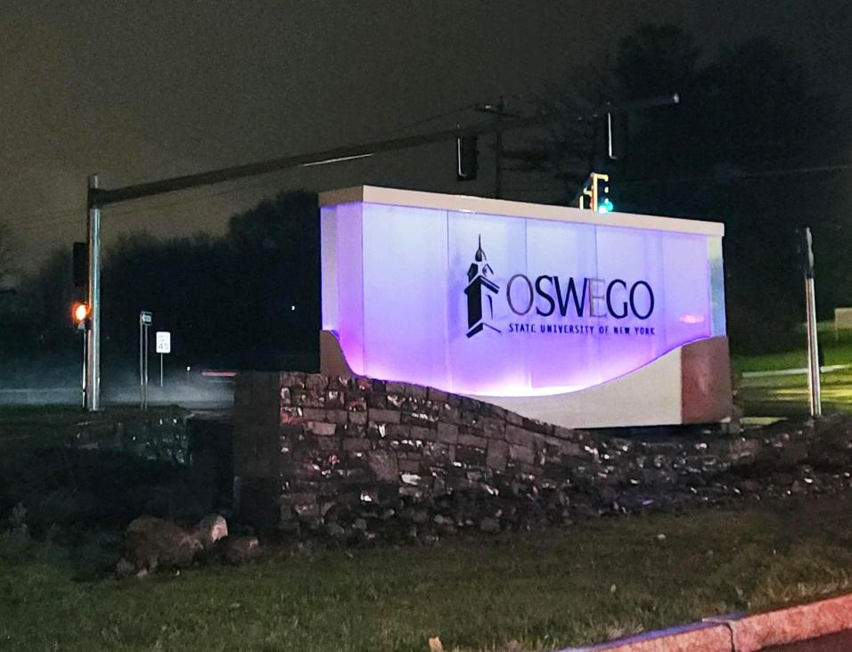 SUNY Oswego sign lit up in purple to recognize World Pancreatic Cancer Day SUNY Oswego sign lit up in purple to recognize World Pancreatic Cancer Day