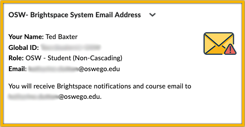 OSW- Brightspace System Email Address widget image for a person with an Oswego email address. The message reads, &quot;You will receive Brightspace notifications and course email to youremail@oswego.edu.&quot;