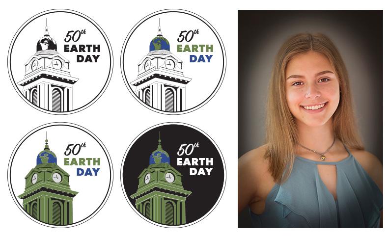 Logos for Earth Day with Sheldon Hall cupola with picture of Madelyn Smith, who designed it