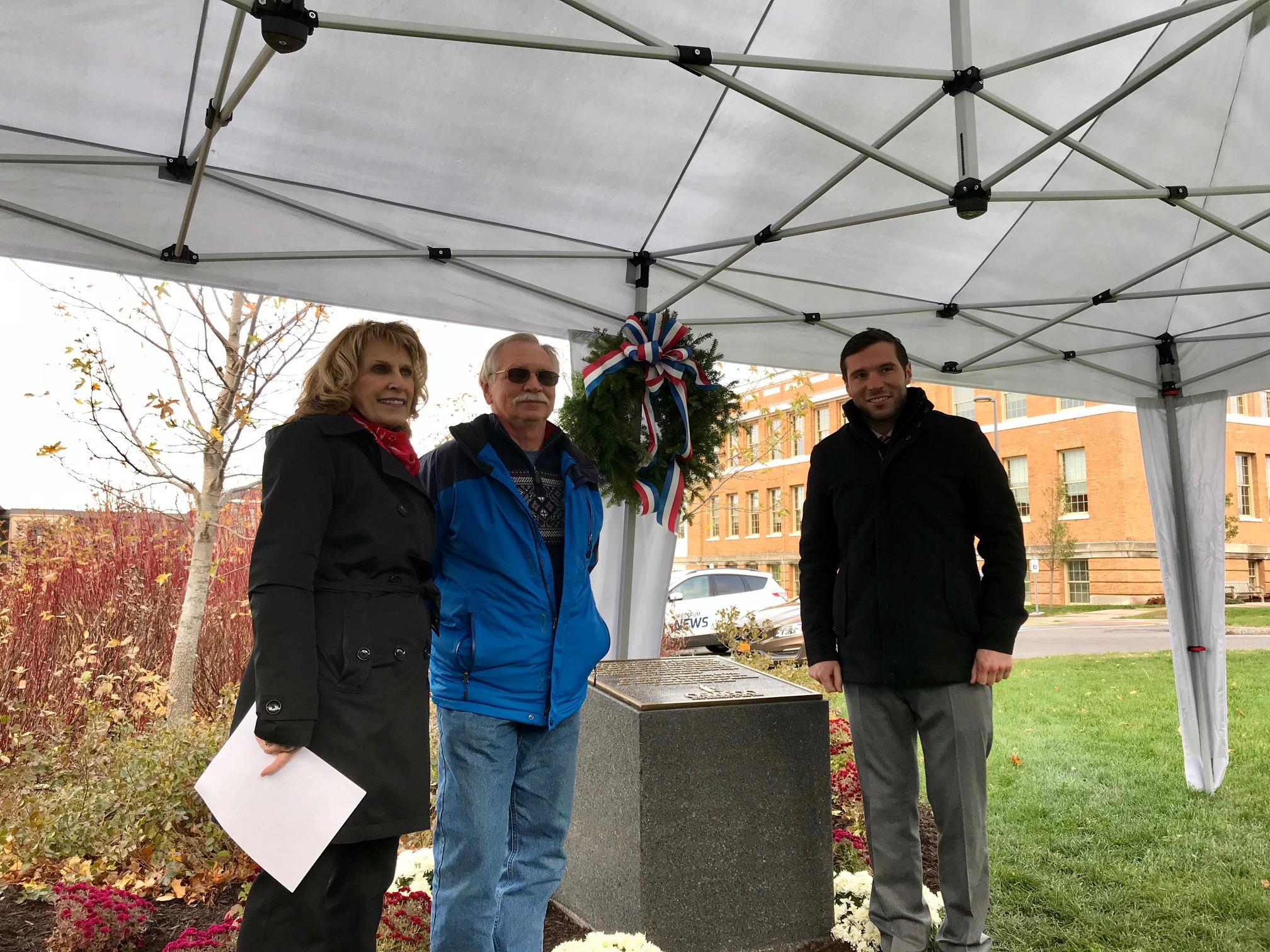 President Stanley, Oswego Town Supervisor Richard Kaulfuss, Oswego Mayor Billy Barlow unveiling plaque