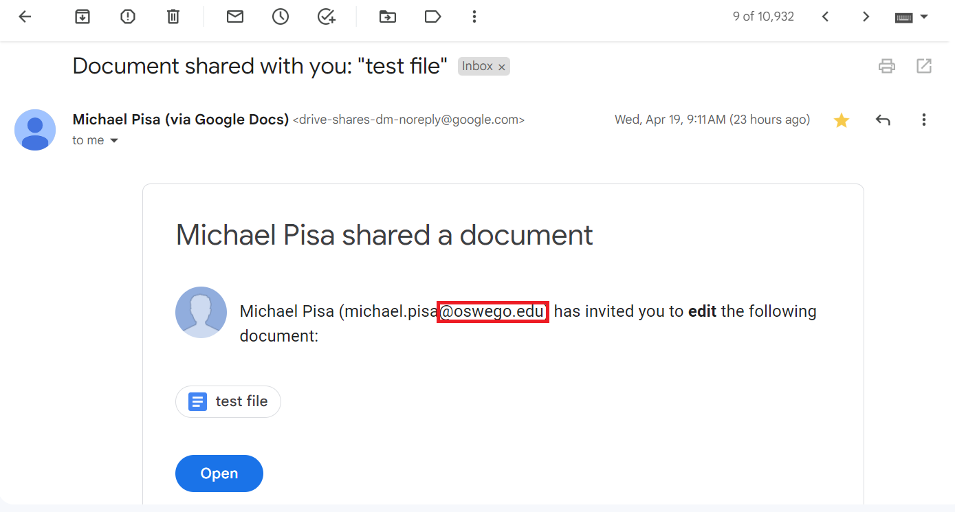 Shows body of email notifying individual a document was shared with them via Google Drive, “@oswego.edu” is highlighted in the body to show it came from internal account