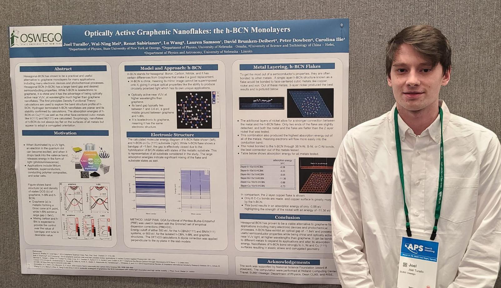 Physics major Joel Turallo with a poster presented at the American Physical Society conference