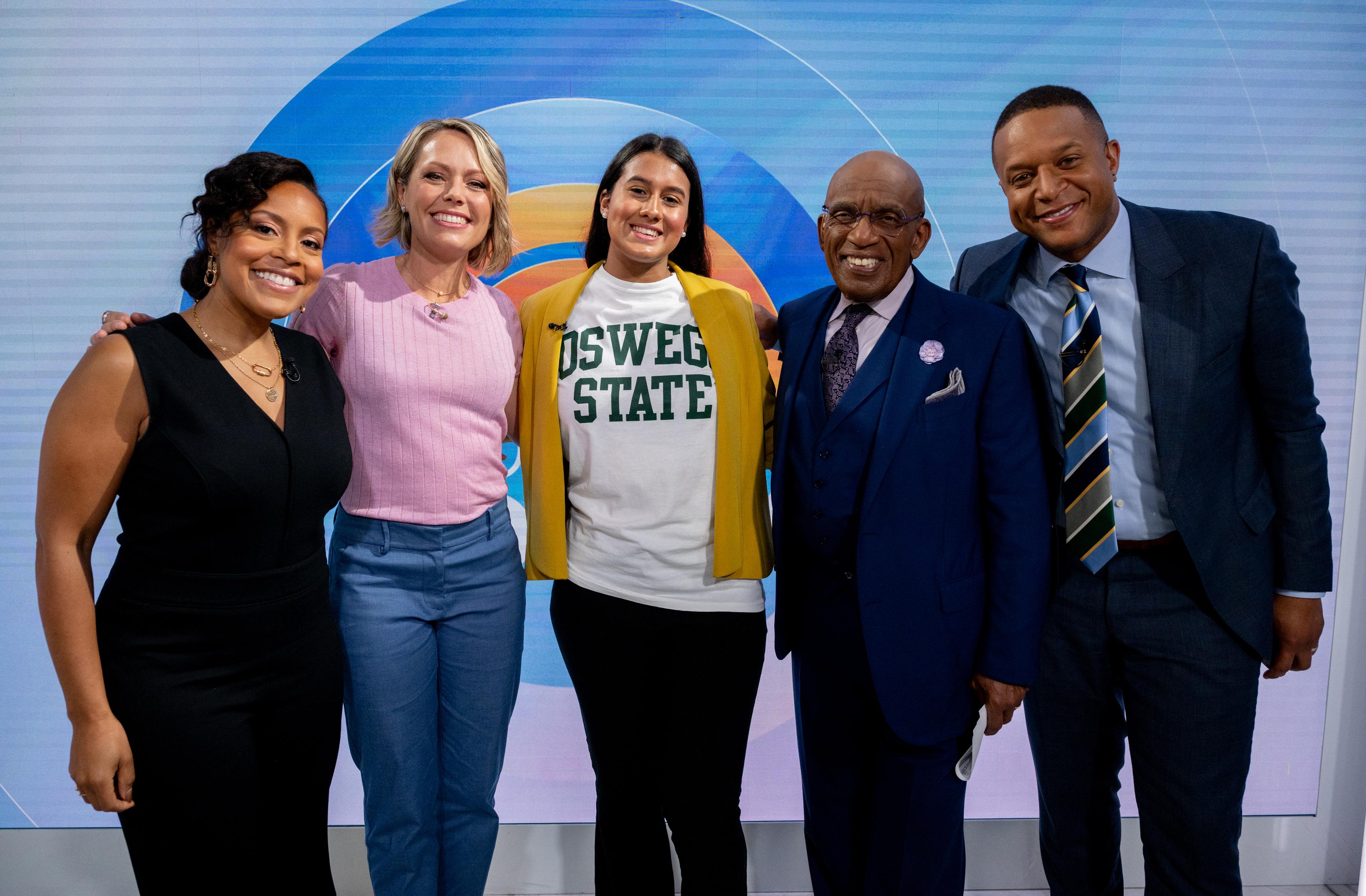 SUNY Oswego 2024 grad Jolie Santiago (center) relishes a moment after her "Today" show segment with anchors, from left, Shinelle Jones, Dylan Dreyer, 1976 alumnus Al Roker and Craig Melvin