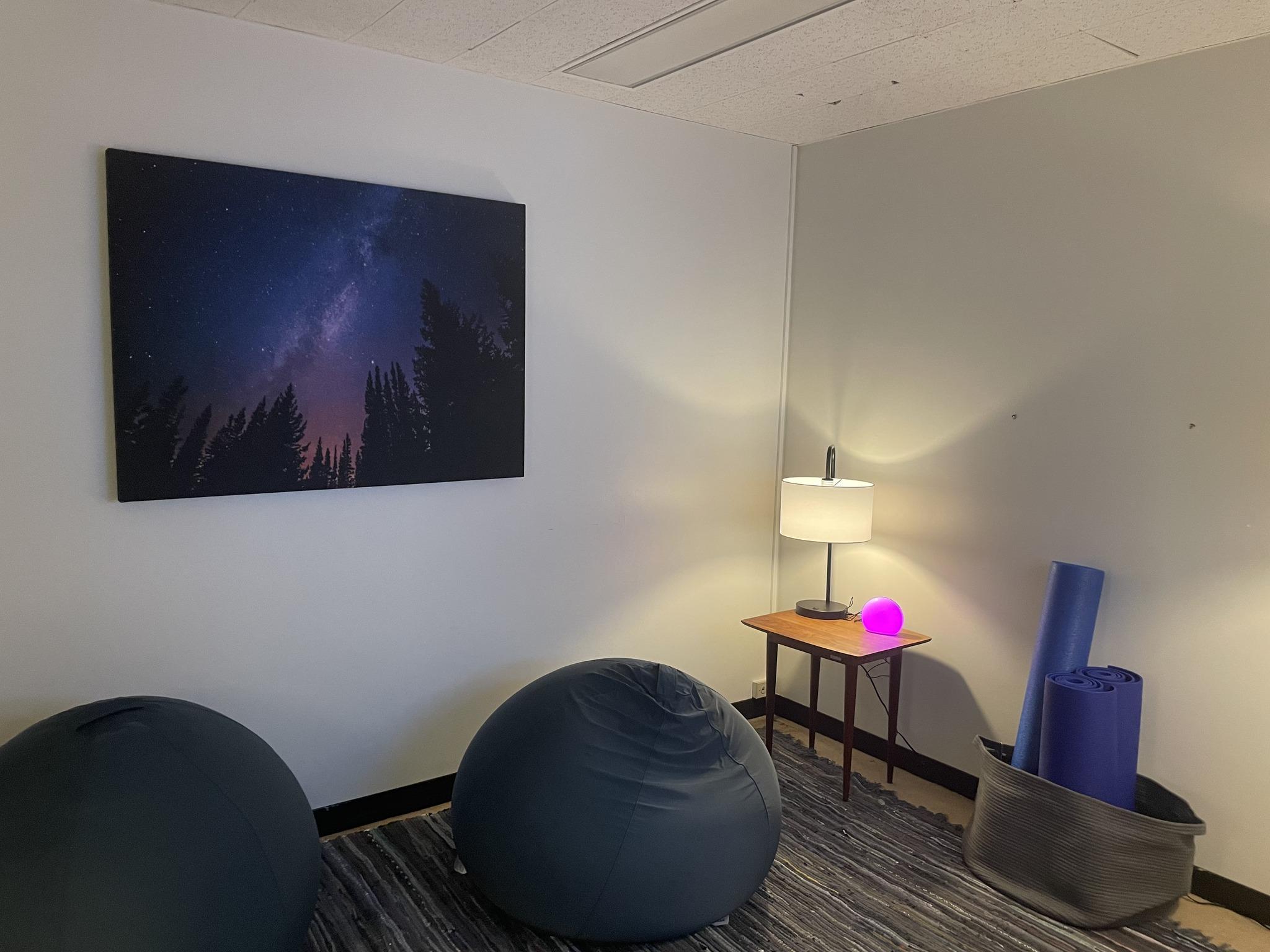 A view of the relaxing harmony room in Penfield Library