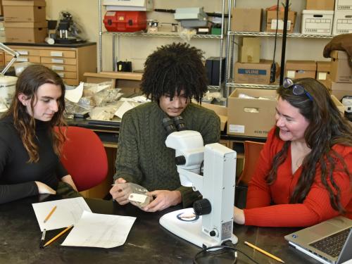 Anthropology faculty member Alanna Ossa works with students in a lab