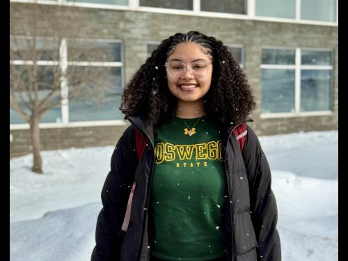 Oswego student Meenal Shojaian outside Marano Campus Center.