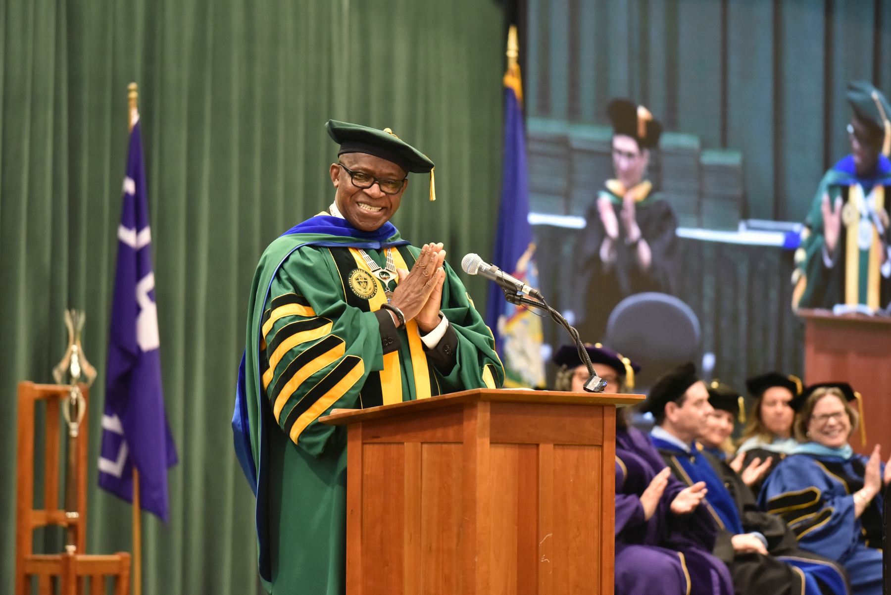 President Peter O. Nwosu welcomes the graduates of SUNY Oswego Class 2024 during the College of Liberal Arts and Sciences ceremony on May 11.