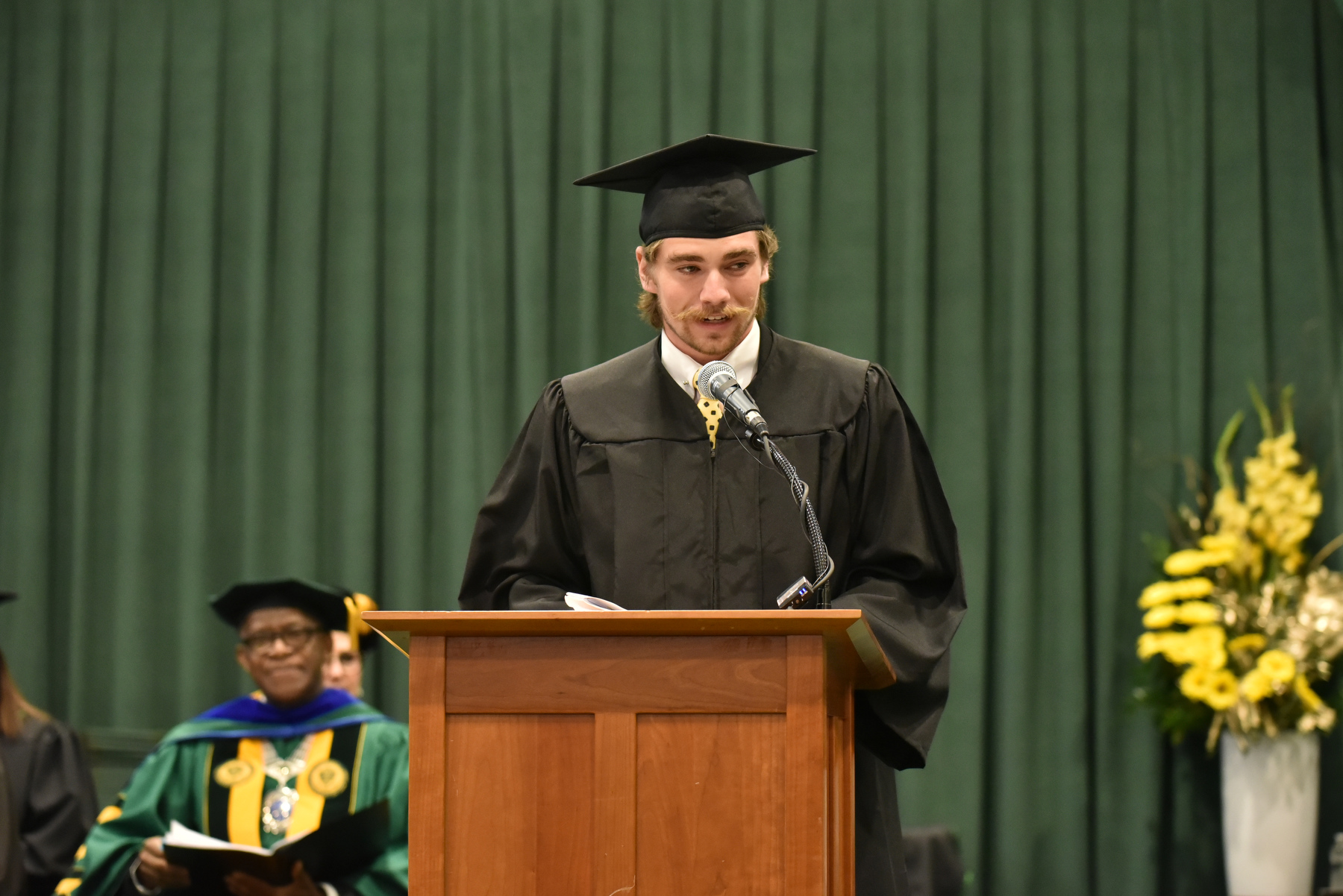 Austin Davis, Student Association president and one of many earning degrees during May 11 Commencement ceremonies, provides the student address at all three celebrations.