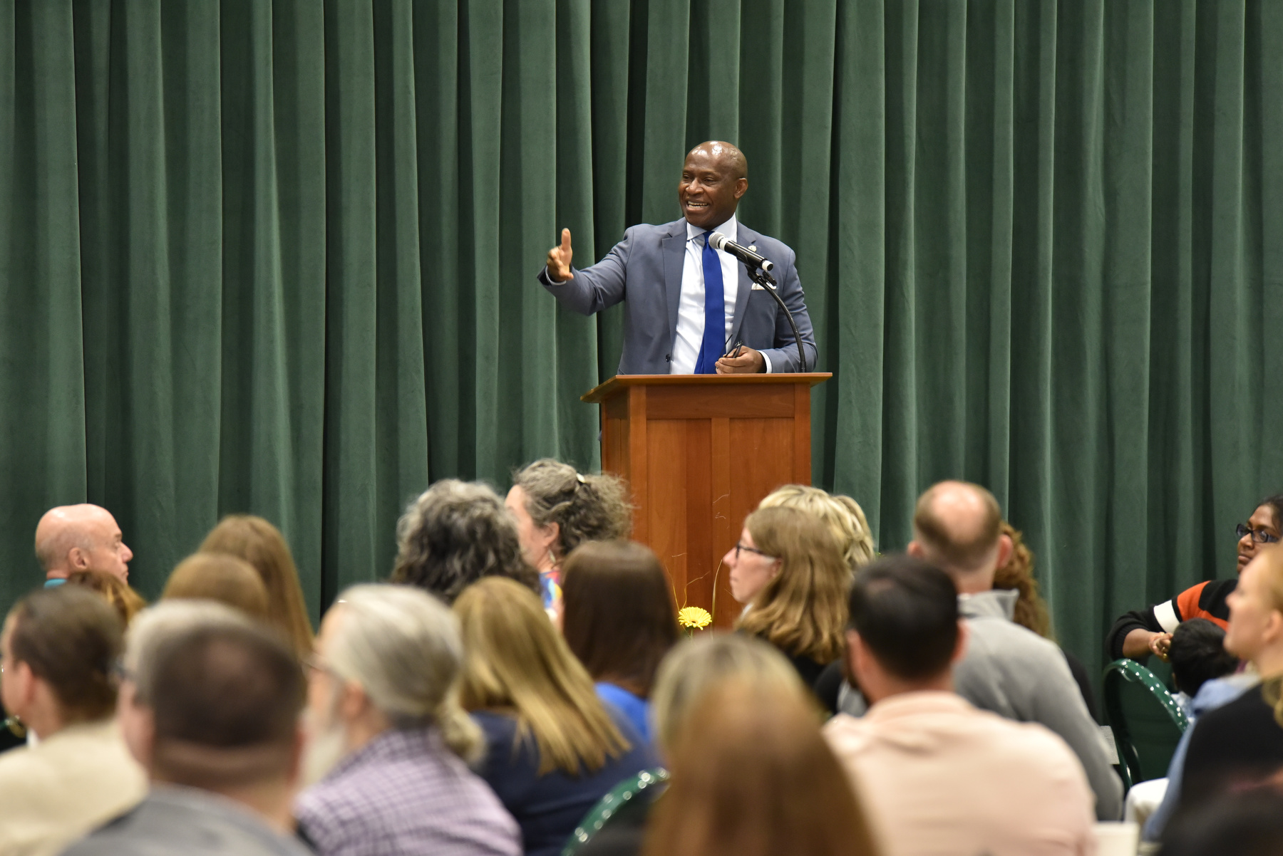 President Peter. O. Nwosu speaks during the Opening Breakfast Aug. 20 to welcome faculty and professional staff as the new semester begins. 