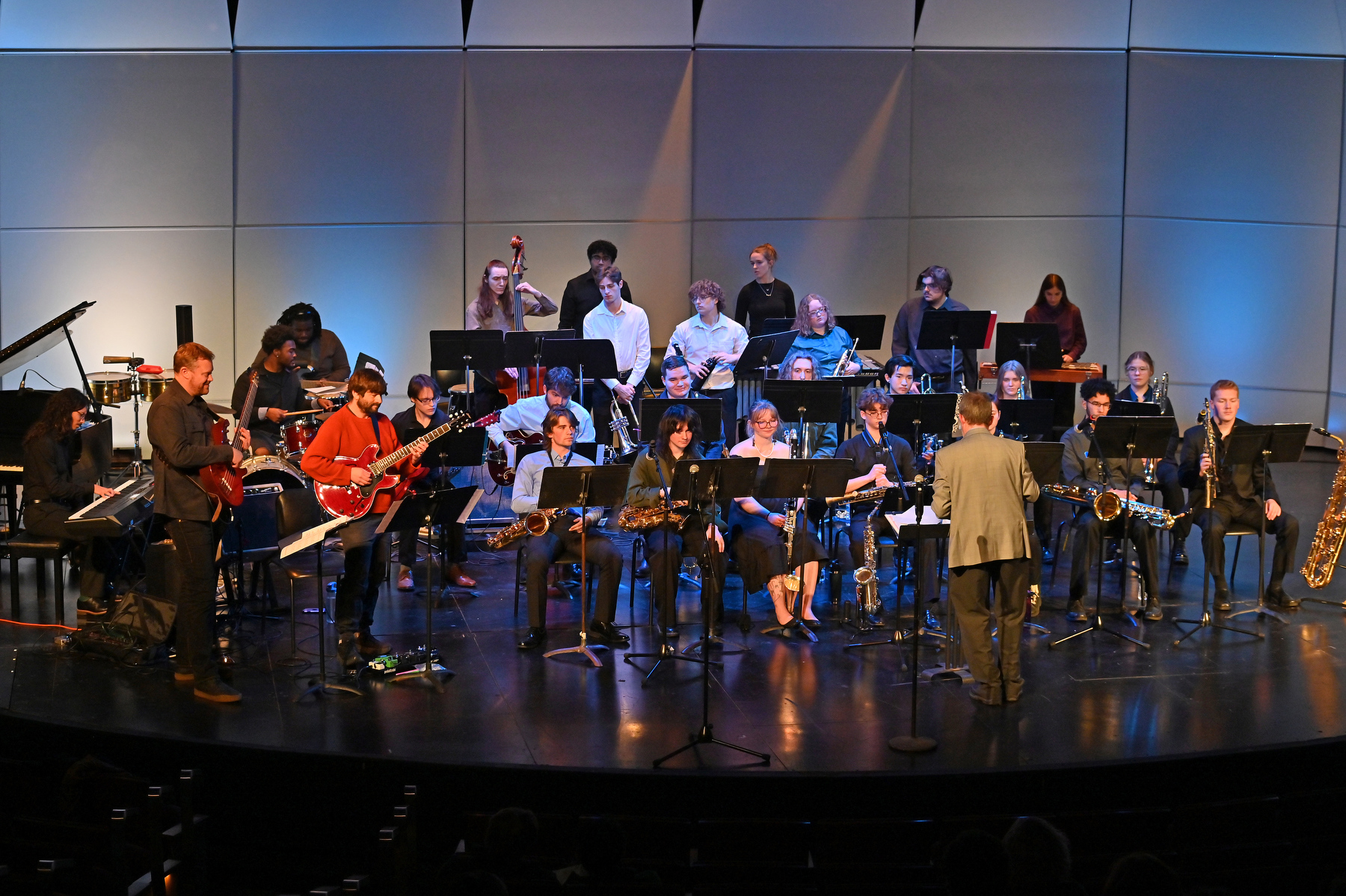 The music department's Jazz Ensembles Fall Concert Dec. 5 featured student musicians and special guest group Endless Field. The concert, directed by music faculty member Eric Schmitz and held in Waterman Theatre, included performances by Jazz Small Group, Latin Jazz Ensemble and Oswego State Jazz Ensemble. Guitar and bass duo Endless Field -- Ike Sturm and Jesse Lewis (pictured at left) -- performed with the Oswego State Jazz Ensemble.