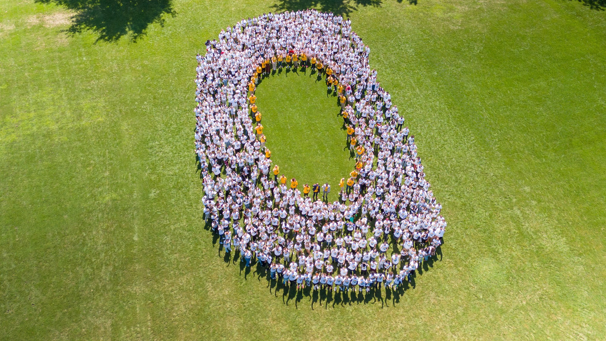 An aerial photo shows the hundreds of new Lakers, as well as faculty and staff guides, coming together for a giant "O" for Oswego on the Lee Hall field.